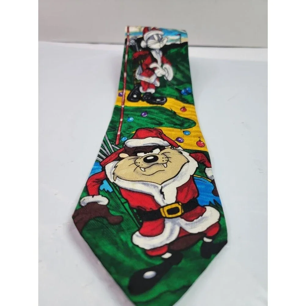 Vintage Looney Tunes Christmas Golf Silk Tie Taz Bugs Bunny Santa 1996 Holiday
